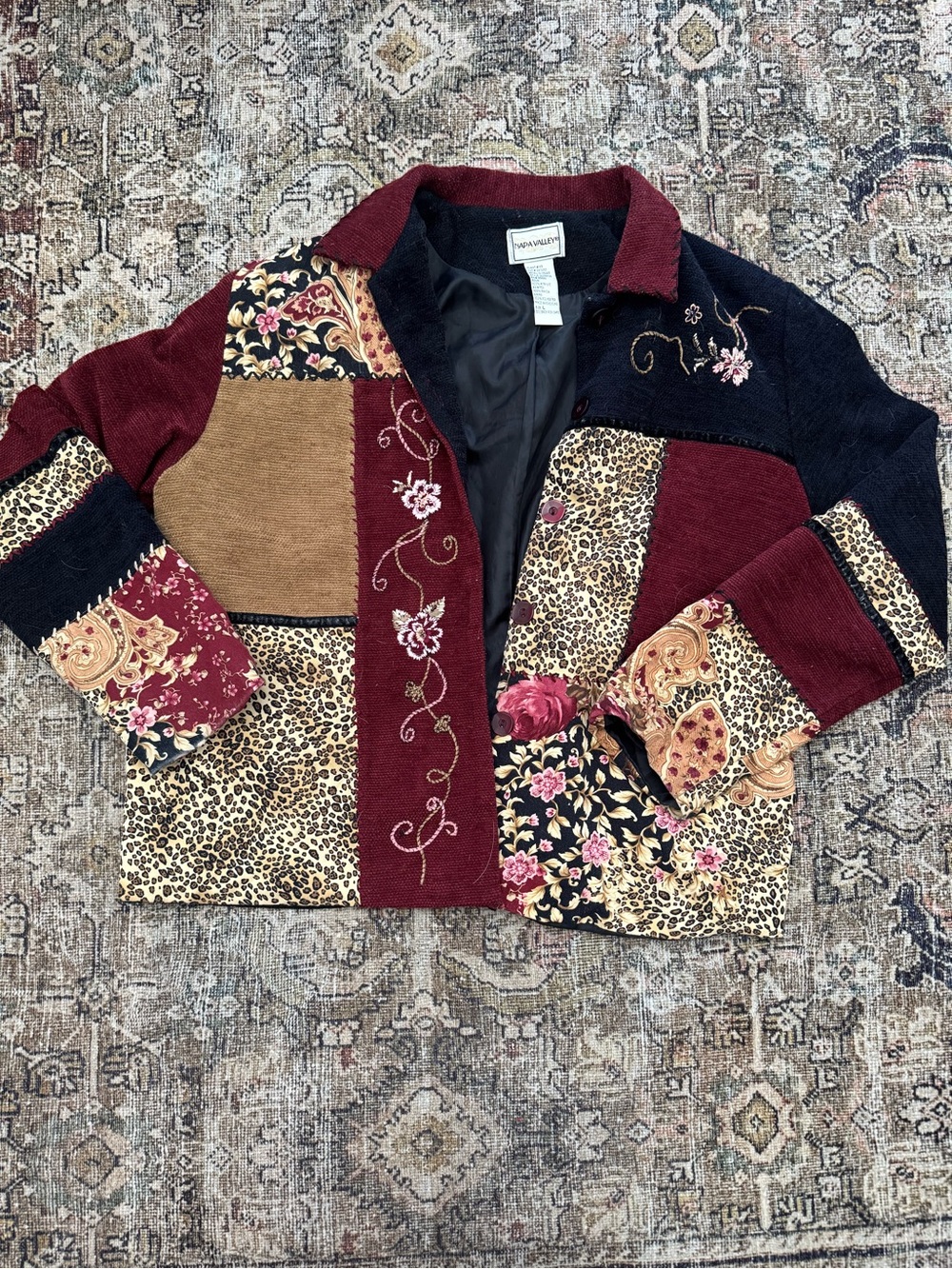 Patchwork Floral & Leopard Mixed-Print Jean Jacket in Burgundy and Black